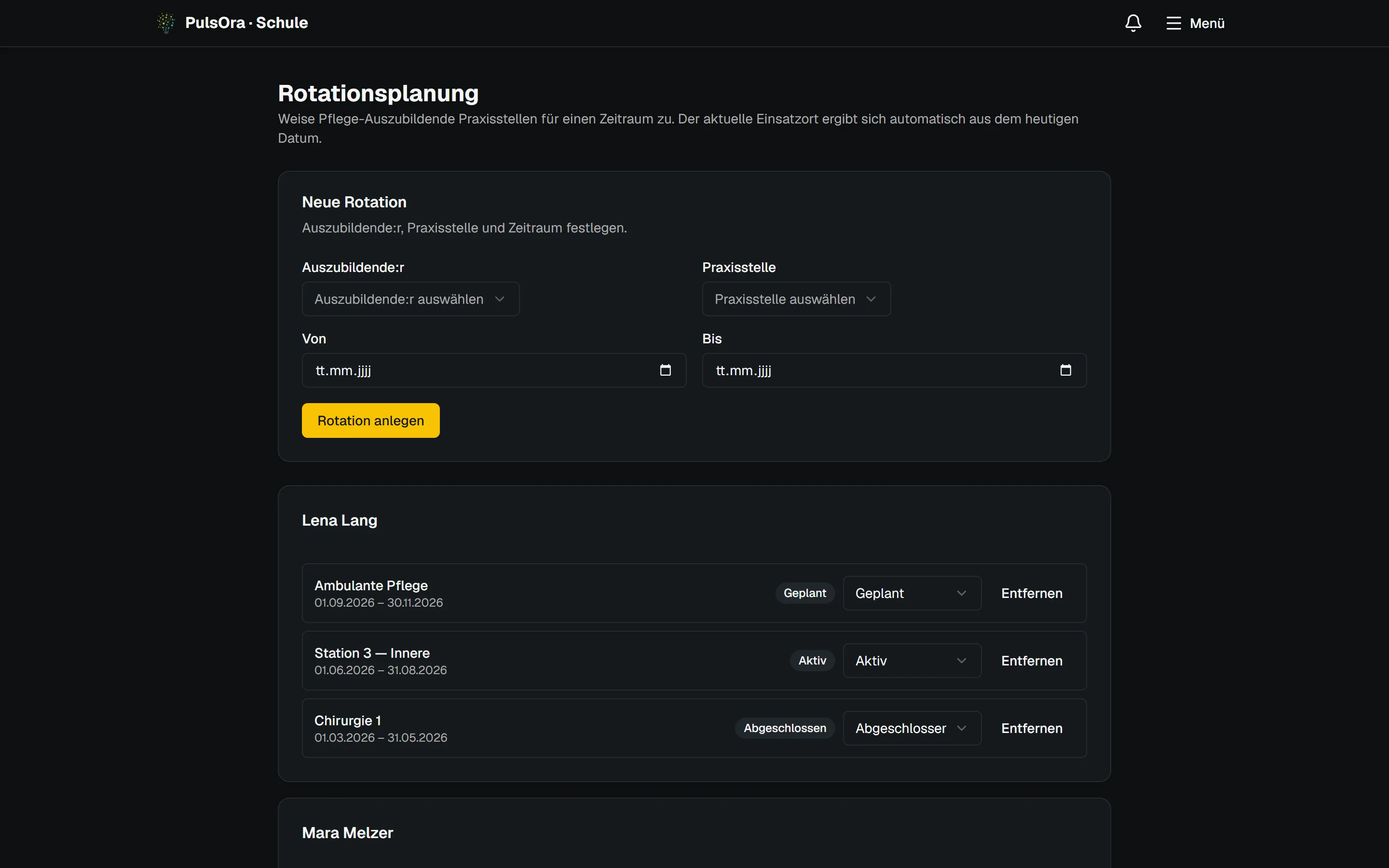 Rotationsplanung mit Auszubildenden, Praxisstellen und Zeiträumen