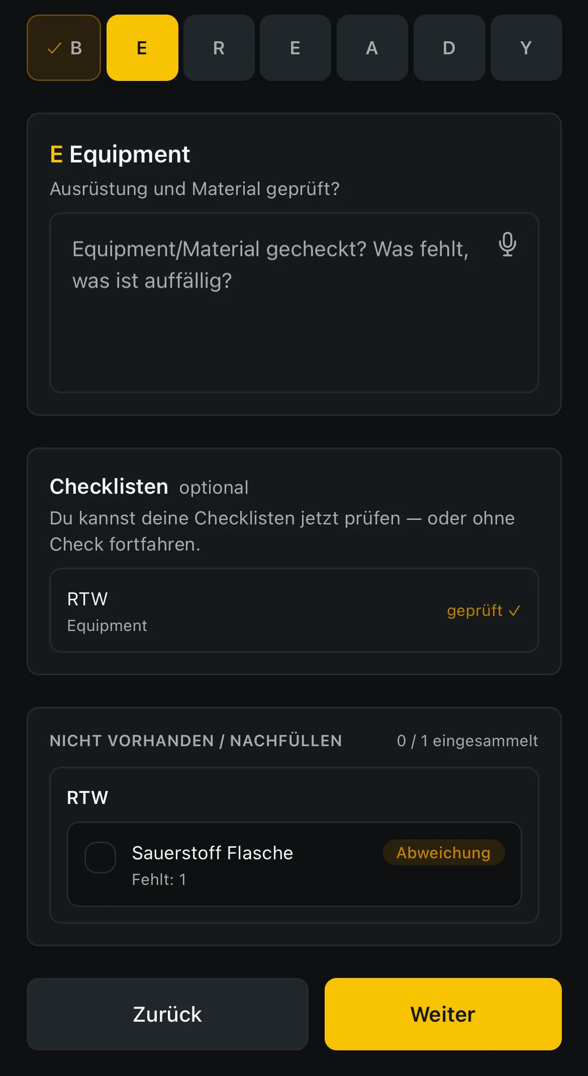 Tagesbriefing nach dem BEREADY-Schema, Schritt Equipment