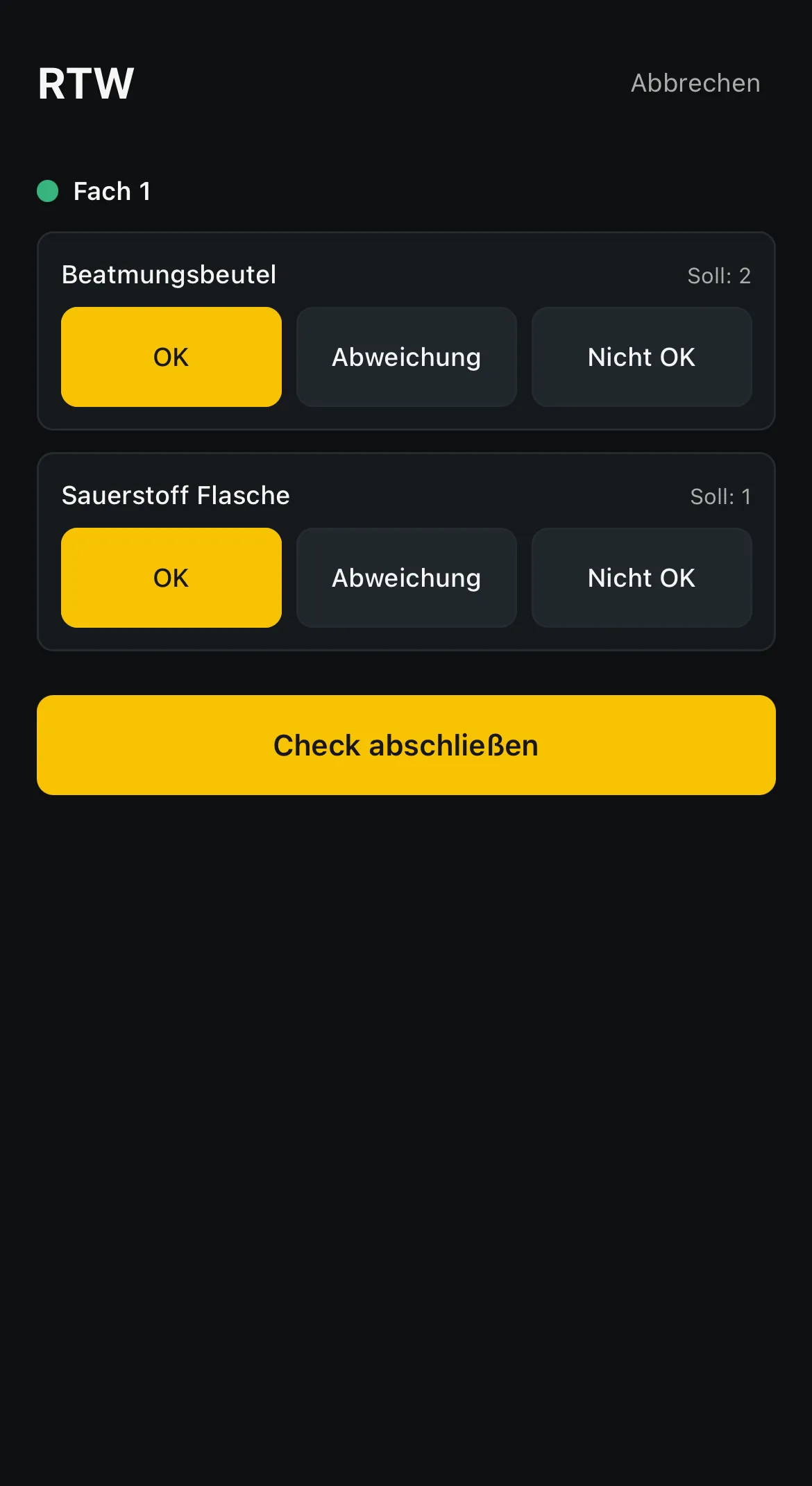 Equipment-Check für den RTW mit OK und Abweichung