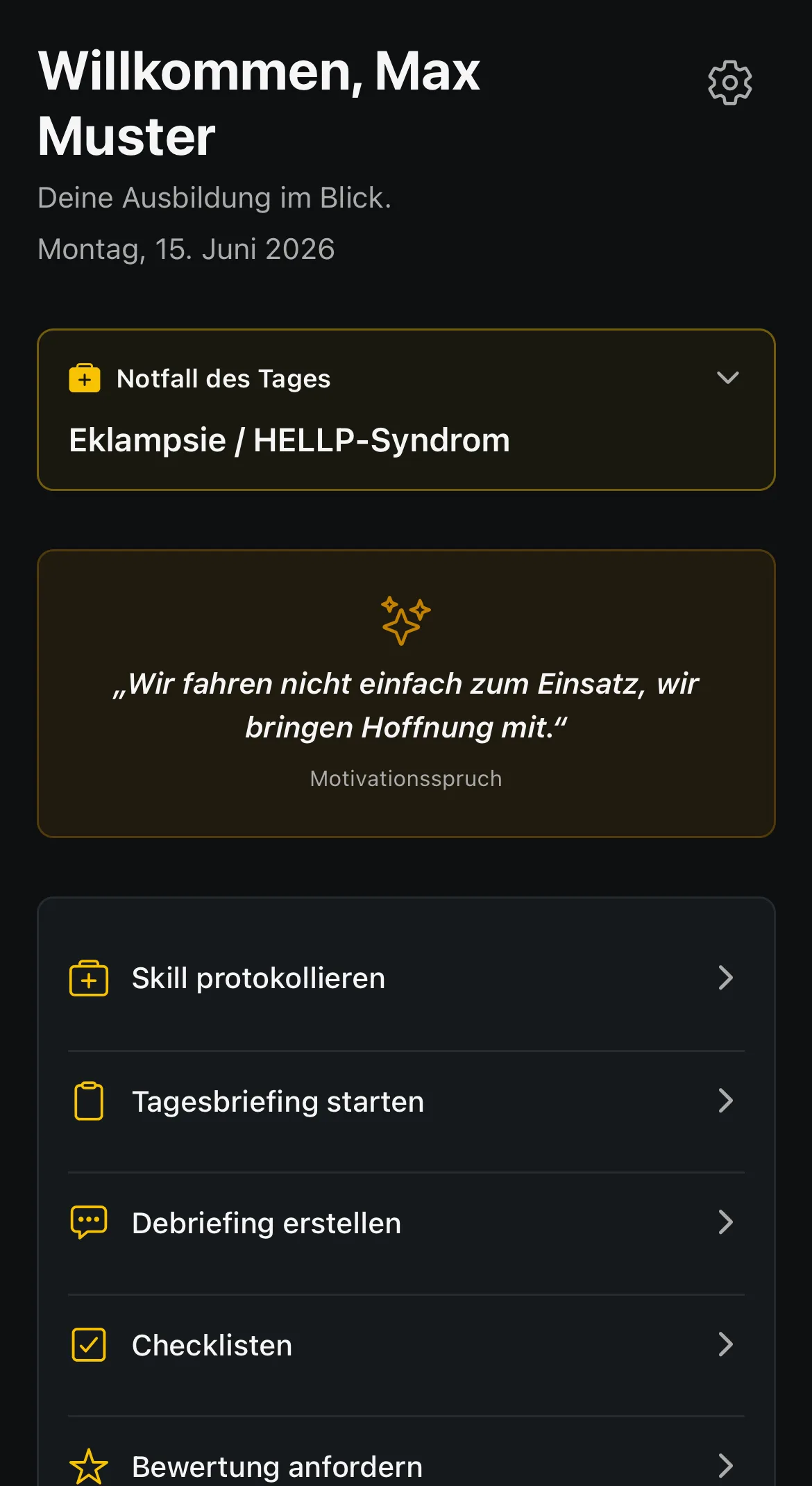 Start der App mit Notfall des Tages, Spruch und Schnellaktionen