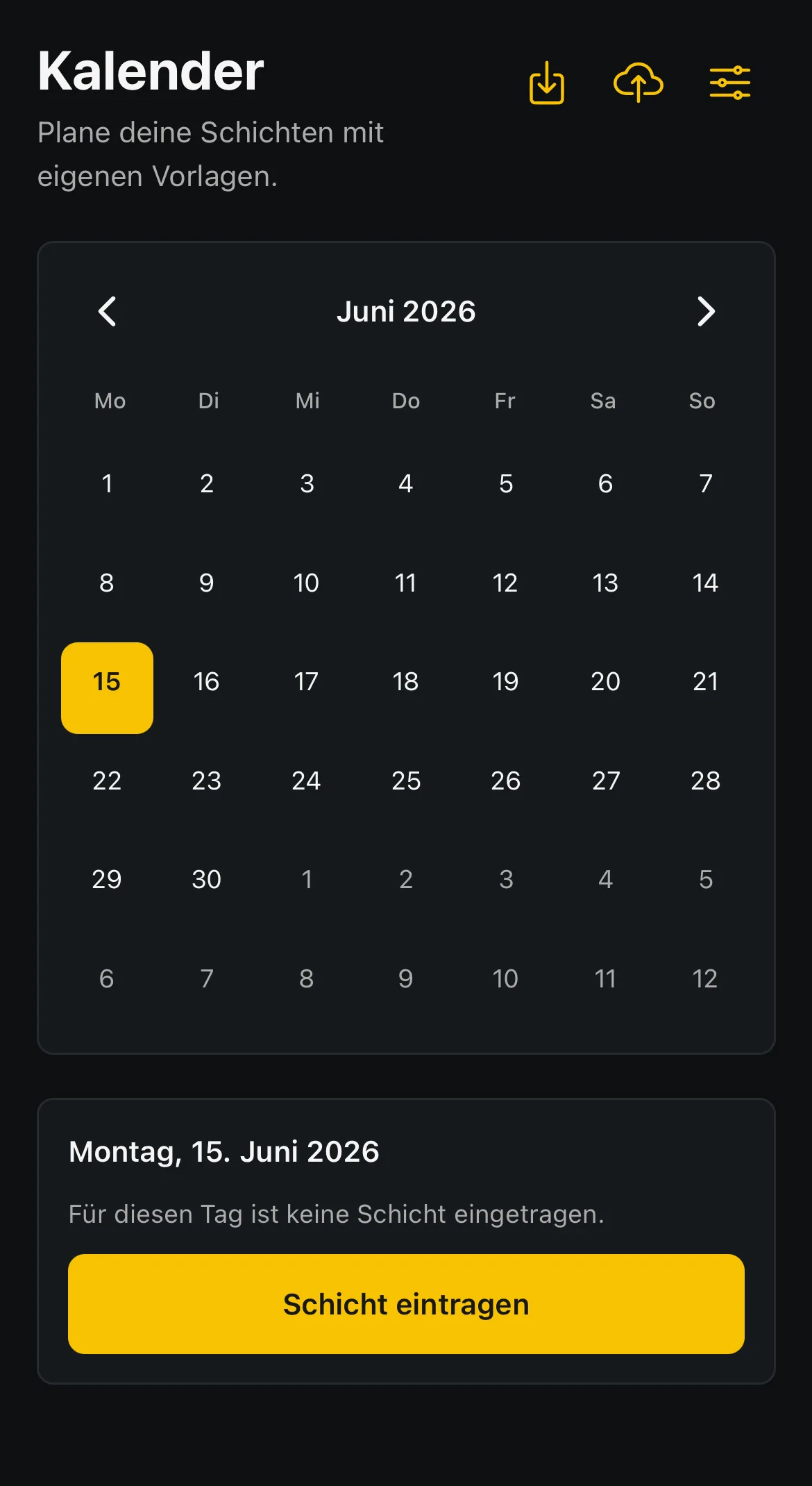 Schicht-Kalender mit Monatsansicht und eigenen Vorlagen