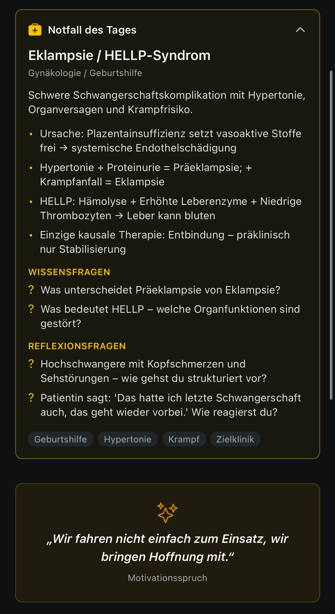 Notfall des Tages mit Wissens- und Reflexionsfragen