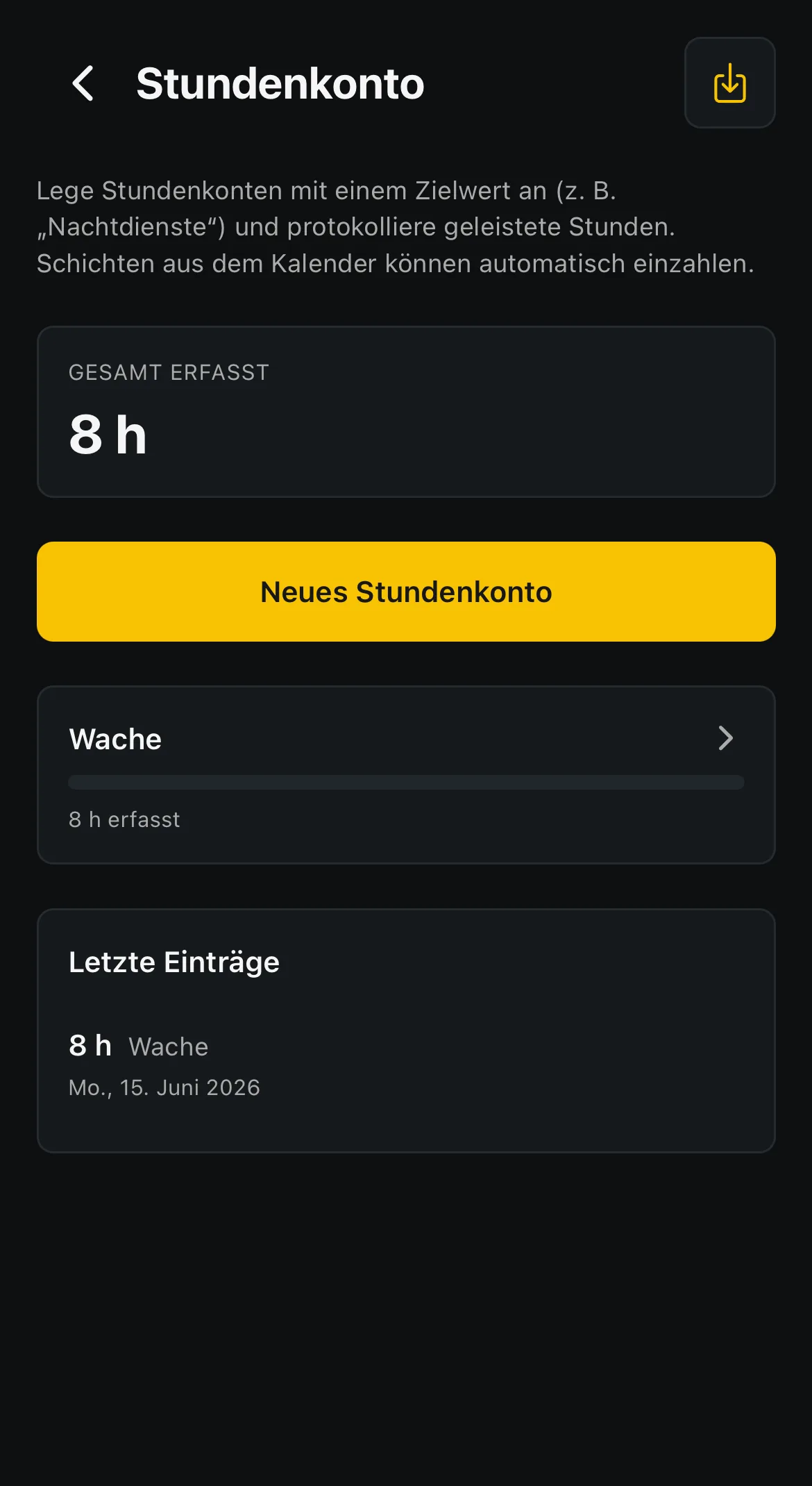 Stundenkonto mit erfassten Stunden und Zielwert