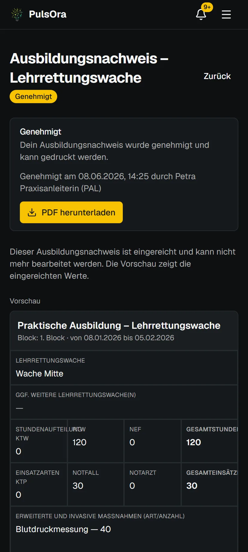 Genehmigter Ausbildungsnachweis mit PDF-Download