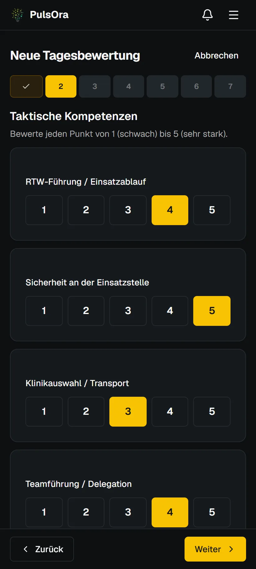 Tagesbewertung mit Kompetenzen auf einer Skala von 1 bis 5