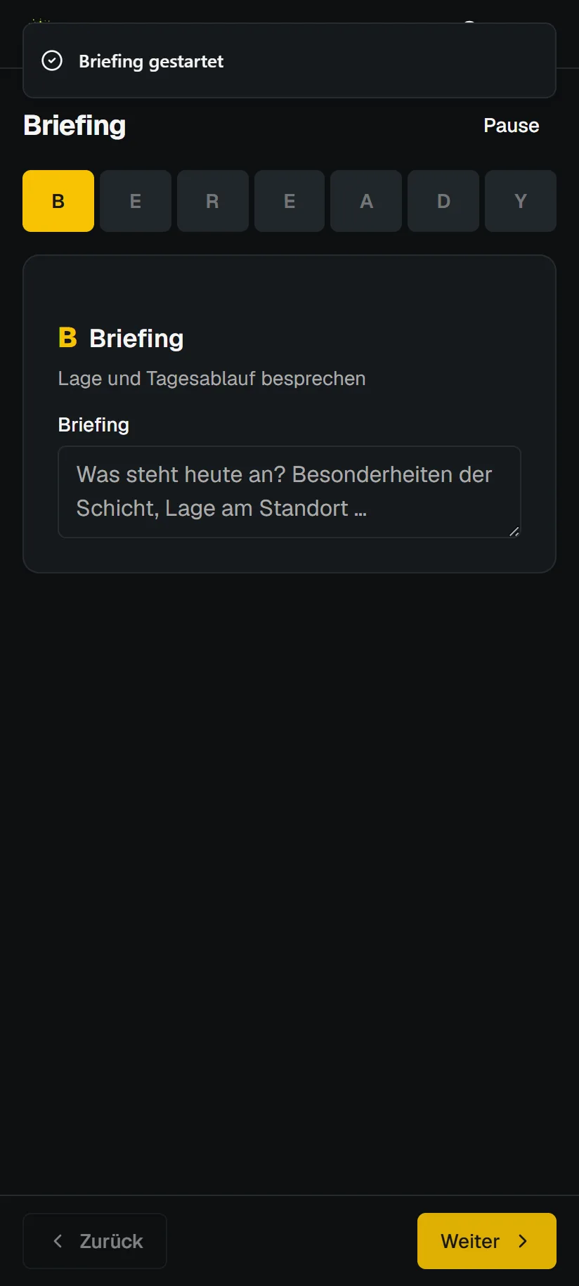 Tagesbriefing nach dem BEREADY-Schema