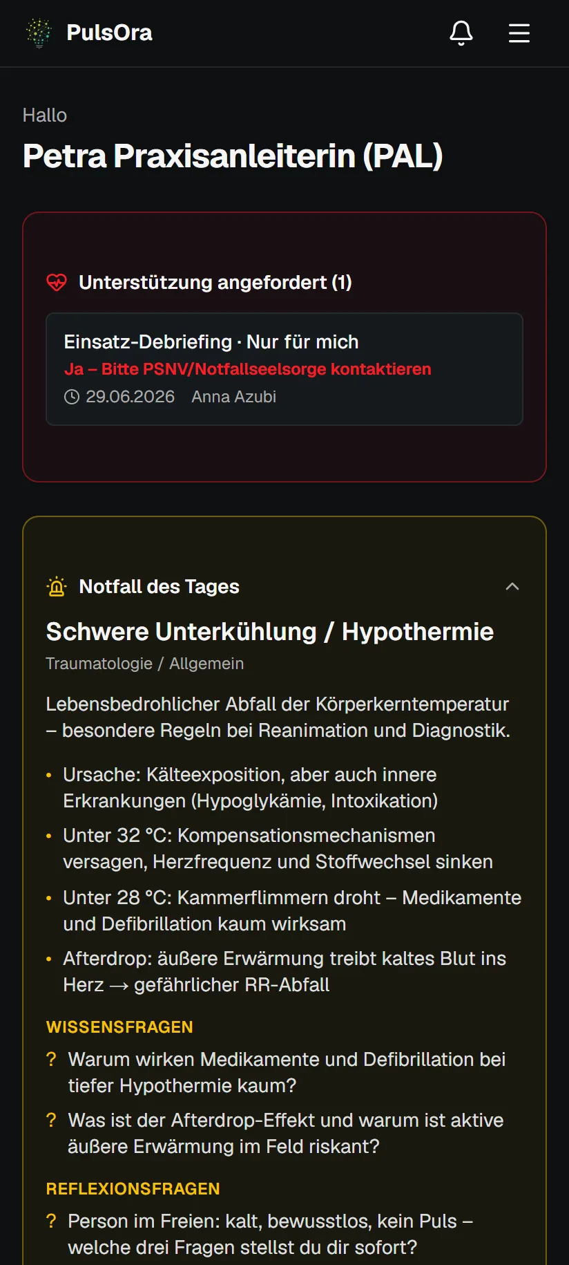 Startseite der App mit Schnellzugriff, Auszubildenden und Notfall des Tages