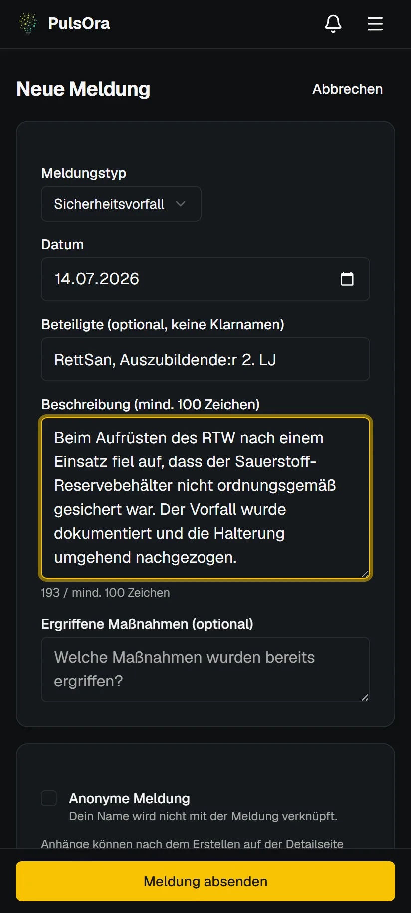 Neue Meldung mit Typ, Beschreibung und Option für anonyme Meldung