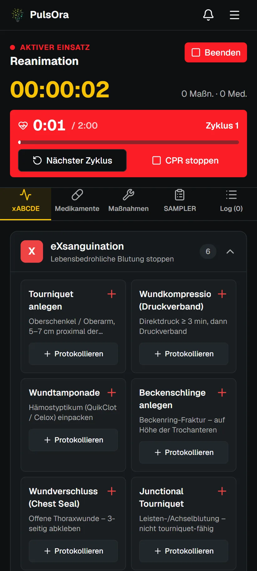 Teamleiter-Tool mit CPR-Zyklus-Timer und xABCDE-Maßnahmen