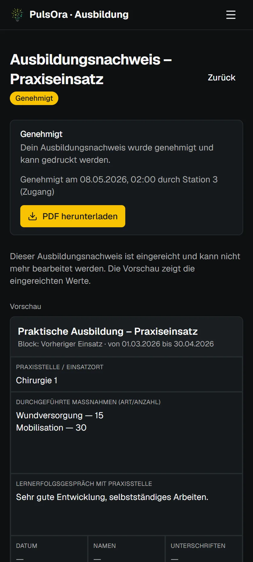 Genehmigter Ausbildungsnachweis für einen Praxiseinsatz
