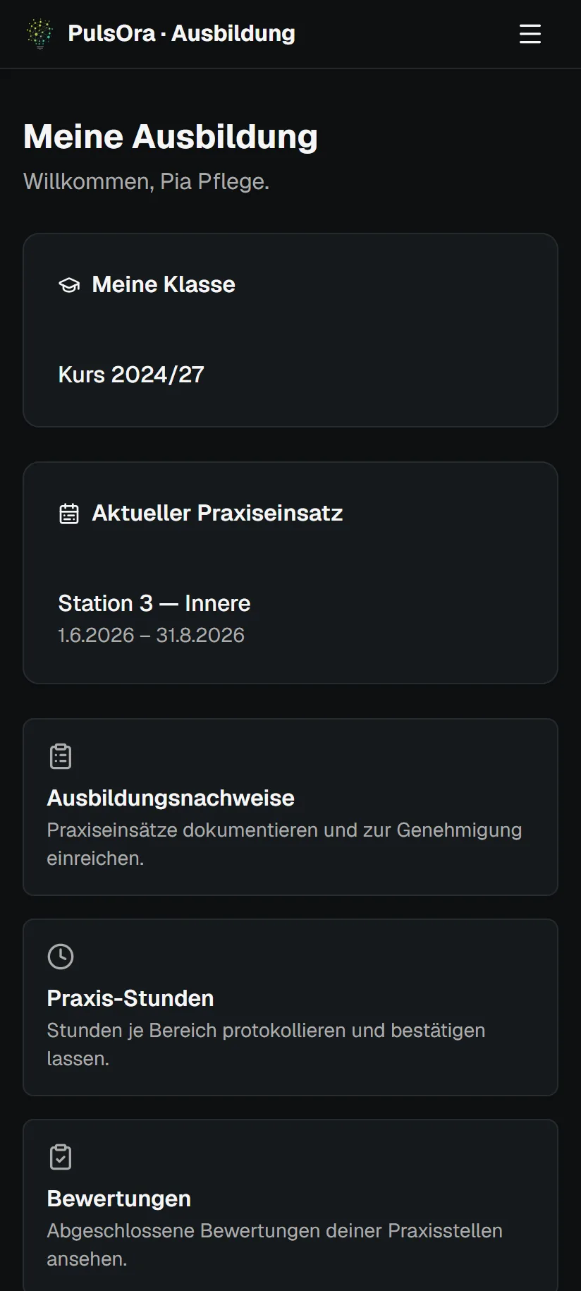 Startseite der Pflege-Ausbildung mit Rotation, Stunden und Nachweisen